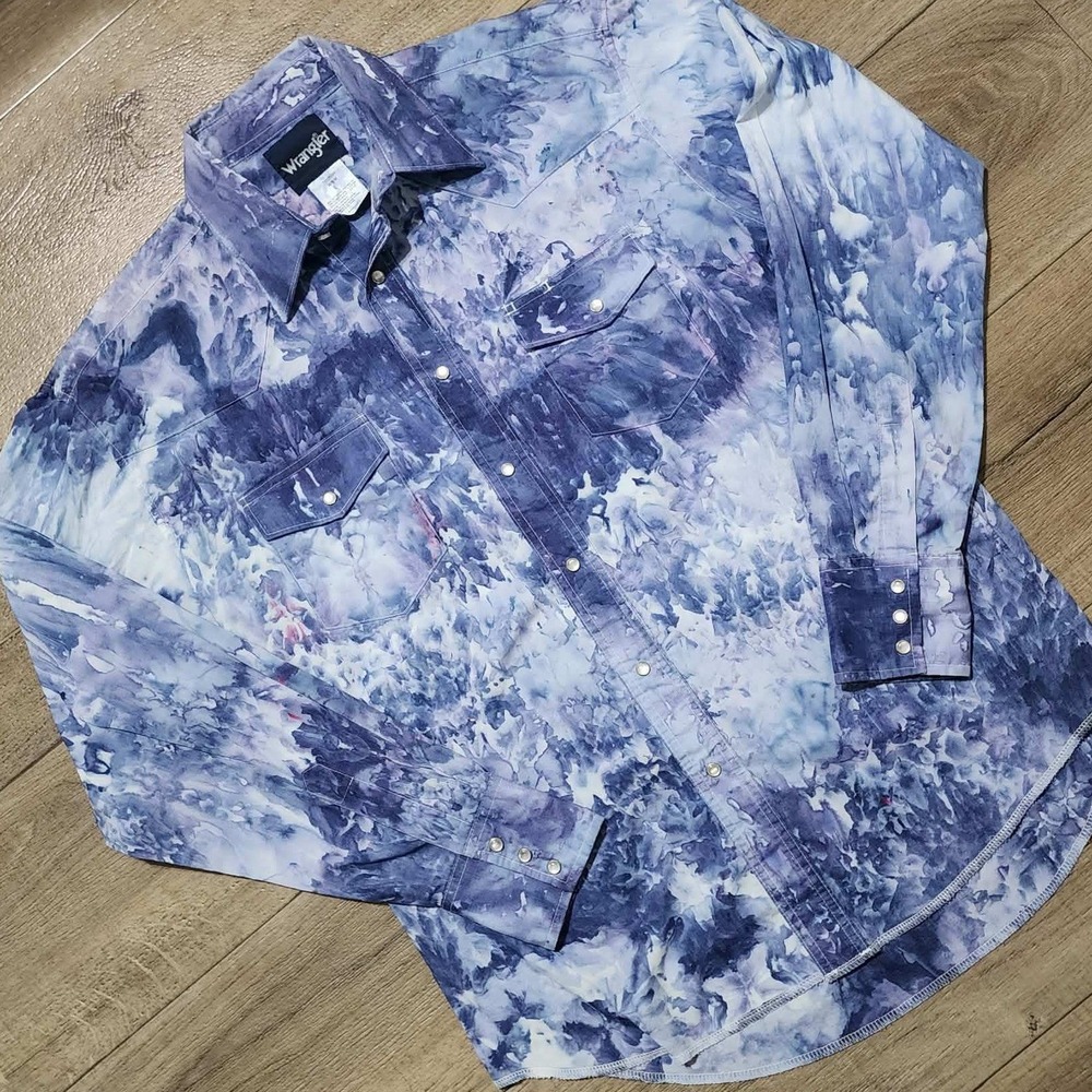 Vintage Wrangler Mens Tie Dye Western Pearl Snap Long Sleeve‎ Shirt Blue M